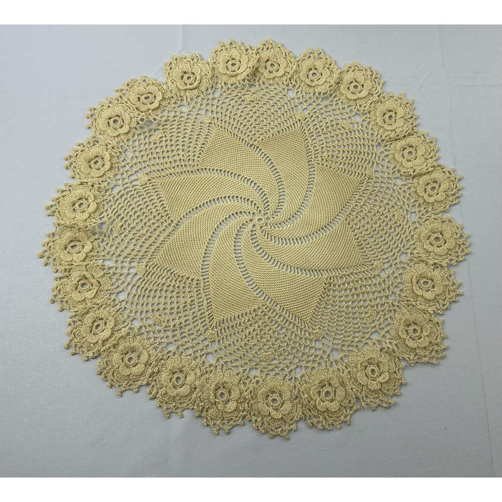 Vintage Handmade Crochet Doily 16" Golden Ivory Raised Roses Floral Lace Round